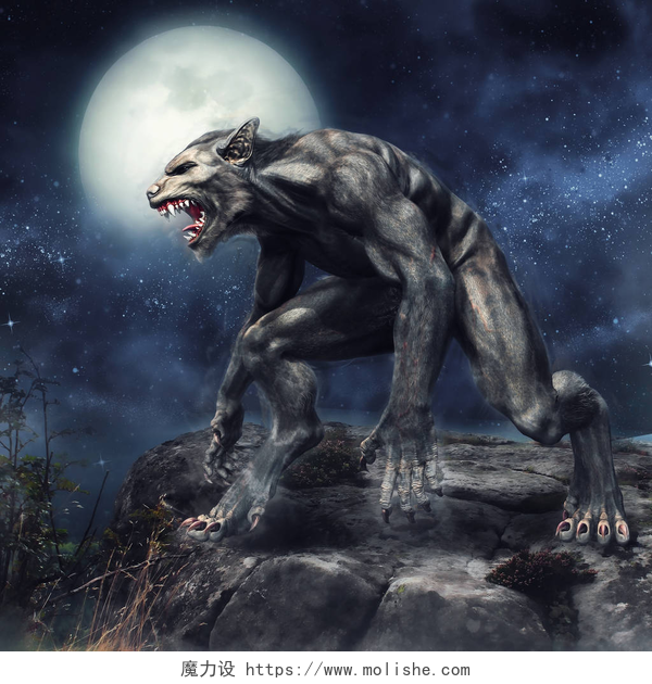 在黑夜中一头变身狼梦幻狼人站在一个峭壁上的一个满月的夜晚。3d 渲染.